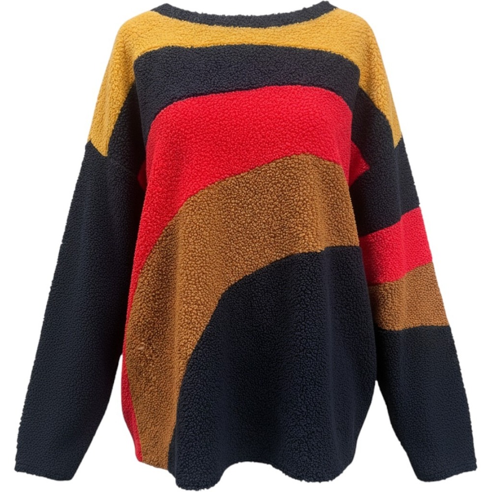 Ces Femme Multi Color Block Sherpa Fleece Pullover Sweater Navy Red Yellow Med